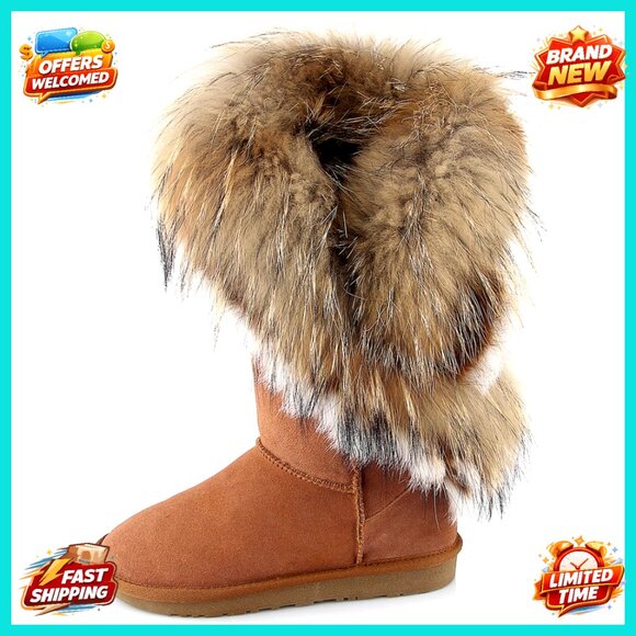 Women's Mid Calf Leather Fur Snow Boots 11